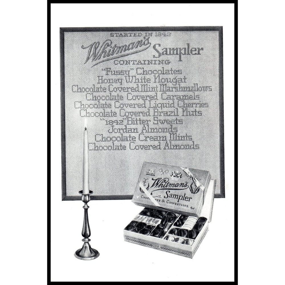 1924 Whitman's Sampler Box Chocolates Vintage Print Ad Candle Needlepoint Art